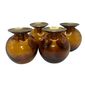 Vtg MCM Lindshammar Swedish Amber Glass Lightball Candlestick Holders Set of 4